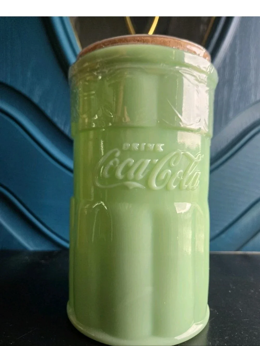 Green Jadeite Coca-Cola Glass Kitchen Canister New/Sealed 38ozw Cork Lid R.E.A.D